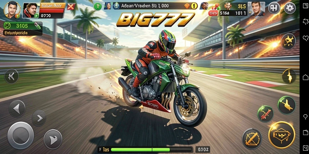 Tampilan gameplay intens dari BIG777 saat balapan motor.