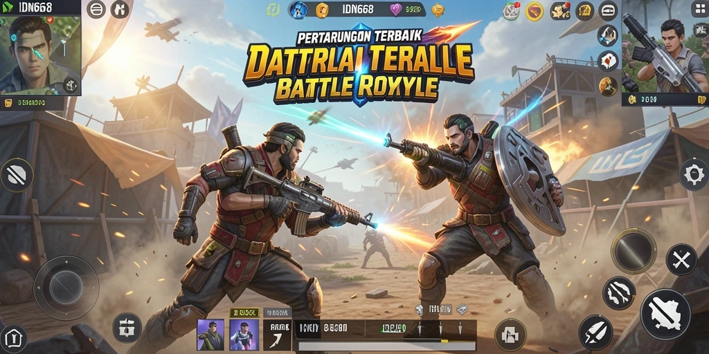 Screenshot IDN668 menampilkan karakter berkumpul dalam pertempuran seru di arena.