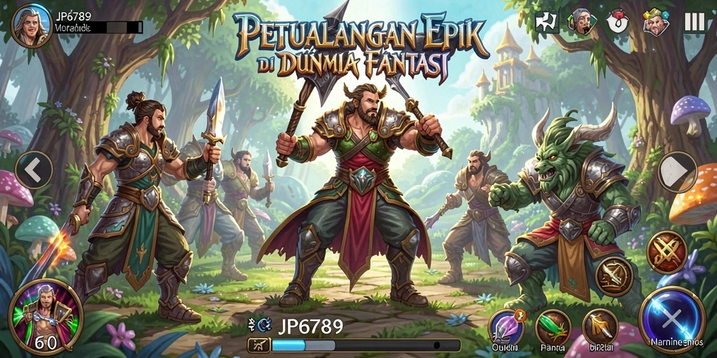 Screenshot gameplay JP6789 menunjukkan karakter bertarung melawan monster di dunia fantasi.