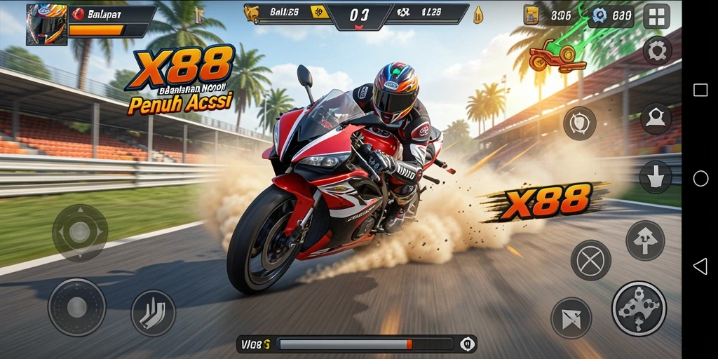 Screenshot gameplay X88 menampilkan balapan motor yang seru dan mendebarkan.